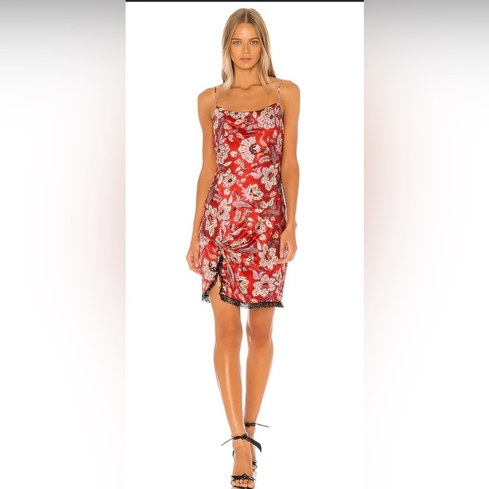 Cinq A Sept Avalyn Beaded Fringe Floral Print Charmeuse Minidress in Red Multi